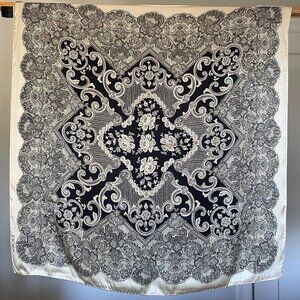 80s Vintage ESCADA Silk Scarf, Black & White Lace Motif